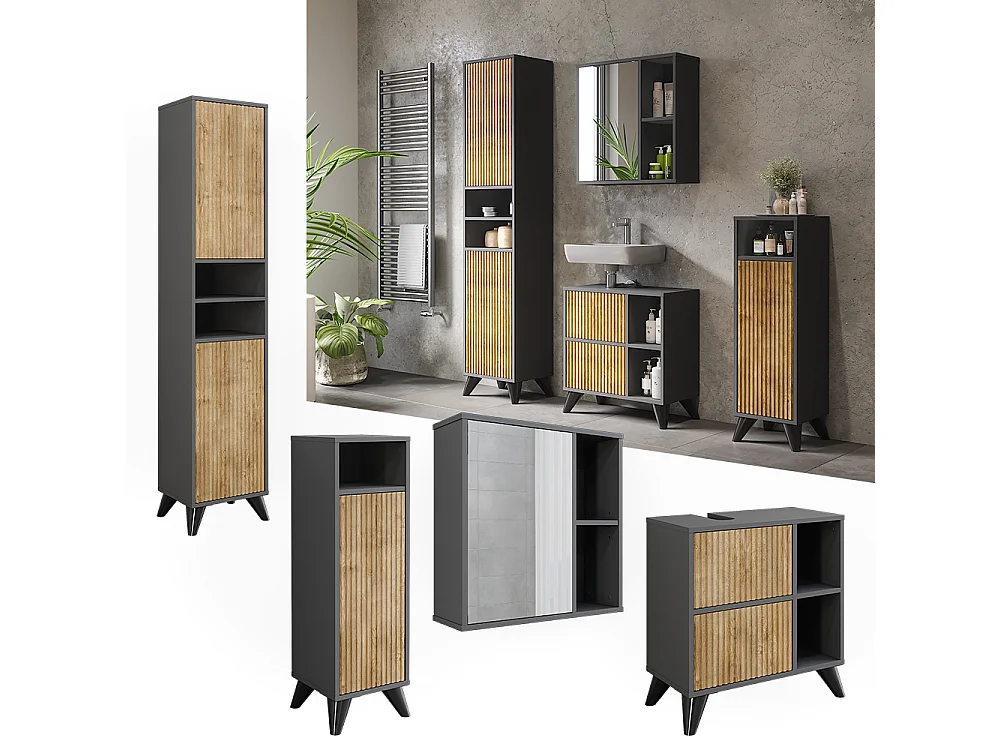 Set di mobili da bagno antracite/quercia di montagna 60x30x62 leano