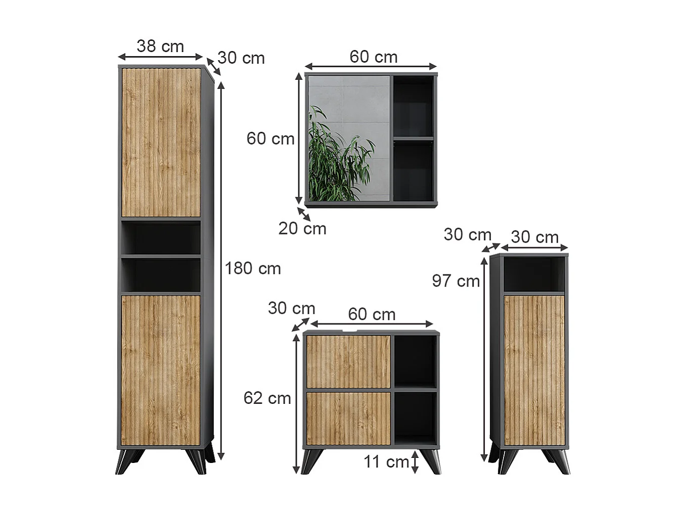 Set di mobili da bagno antracite/quercia di montagna 60x30x62 leano
