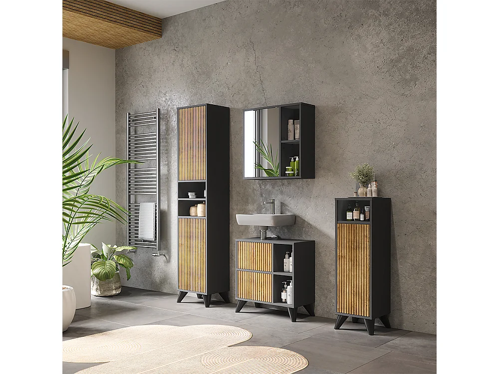 Set di mobili da bagno antracite/quercia di montagna 60x30x62 leano