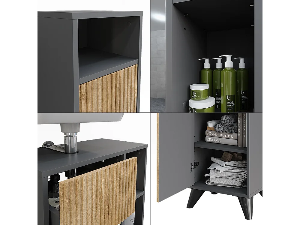 Set di mobili da bagno antracite/quercia di montagna 60x30x62 leano