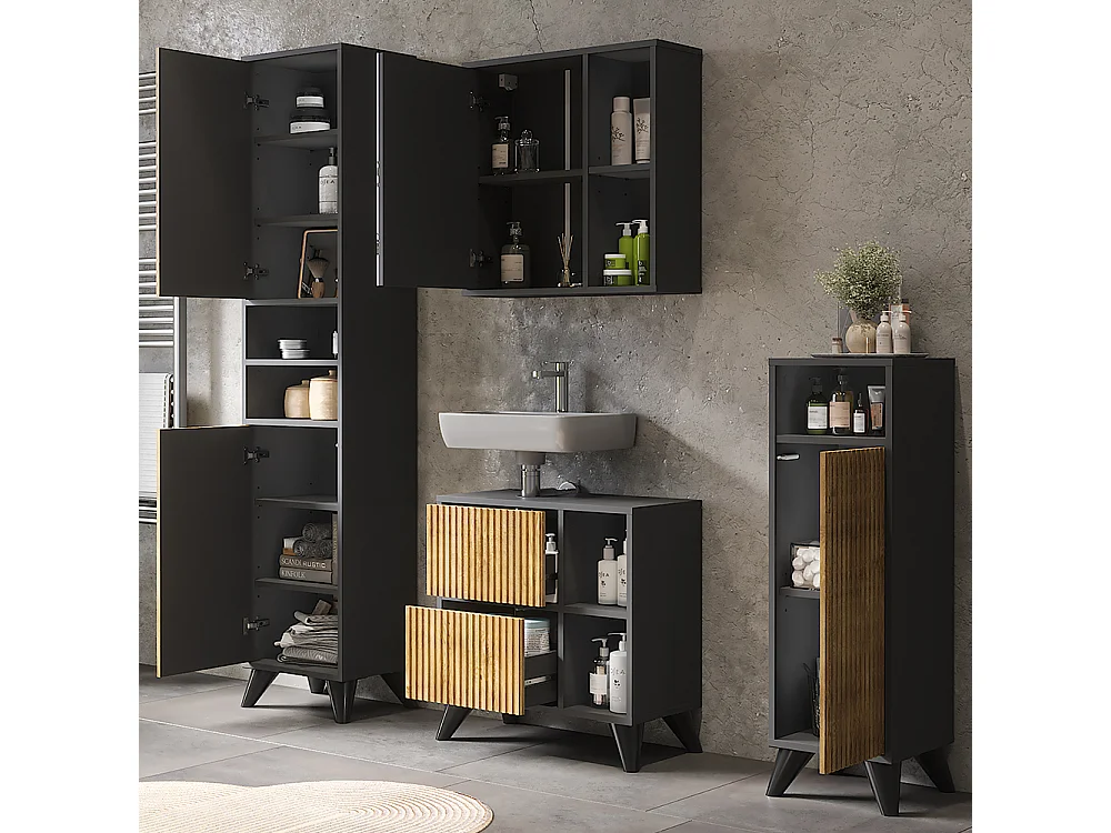 Ensemble de meubles de salle de bains anthracite/chêne de montagne 60x30x62 leano