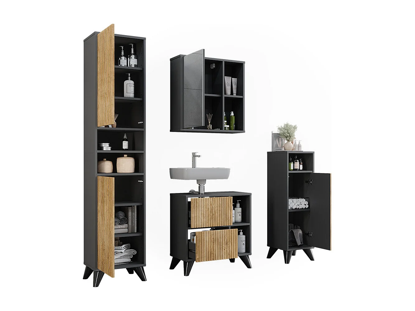 Ensemble de meubles de salle de bains anthracite/chêne de montagne 60x30x62 leano