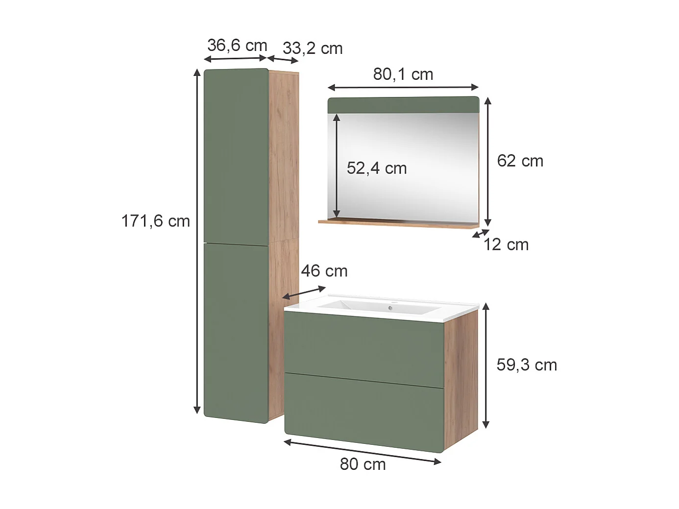 Ensemble de meubles de salle de bains force dor chêne/vert 80x46x59.3 izan
