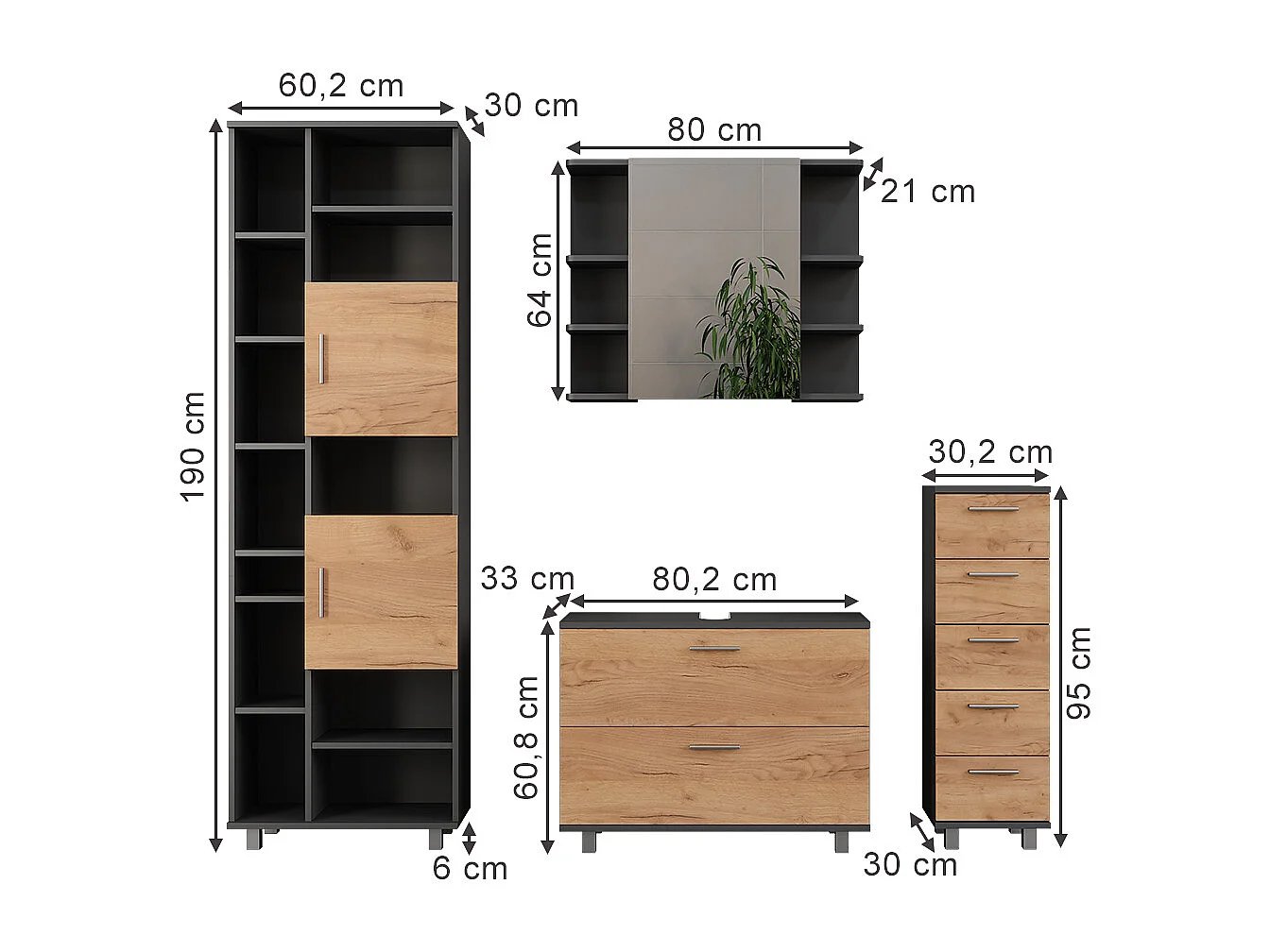 Badmöbel-Set goldkraft eiche/anthrazit 80.2x33x60.8 ilias