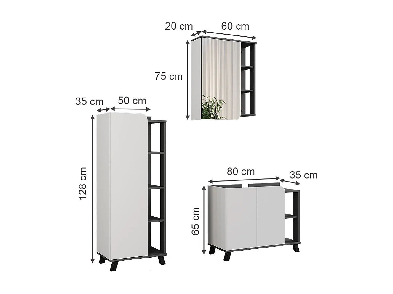 Ensemble de meubles de salle de bain anthracite/blanc 80x35x65 karen