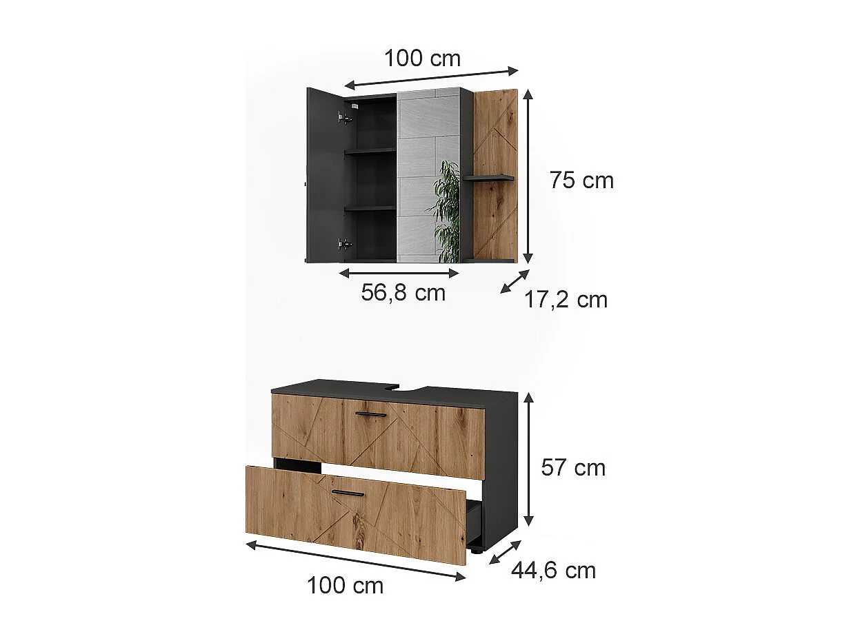 Ensemble de meubles de salle de bains anthracite/artisan 100x44.6x57 irma