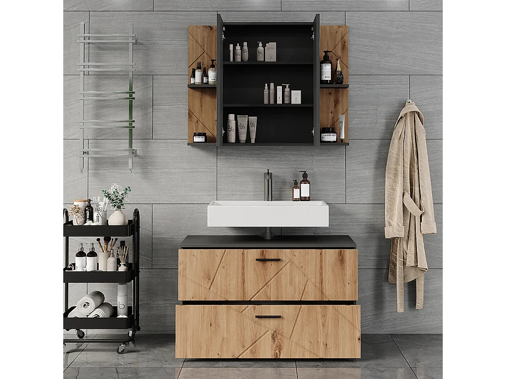 Ensemble de meubles de salle de bains anthracite/chêne doré 100x41x57 irma
