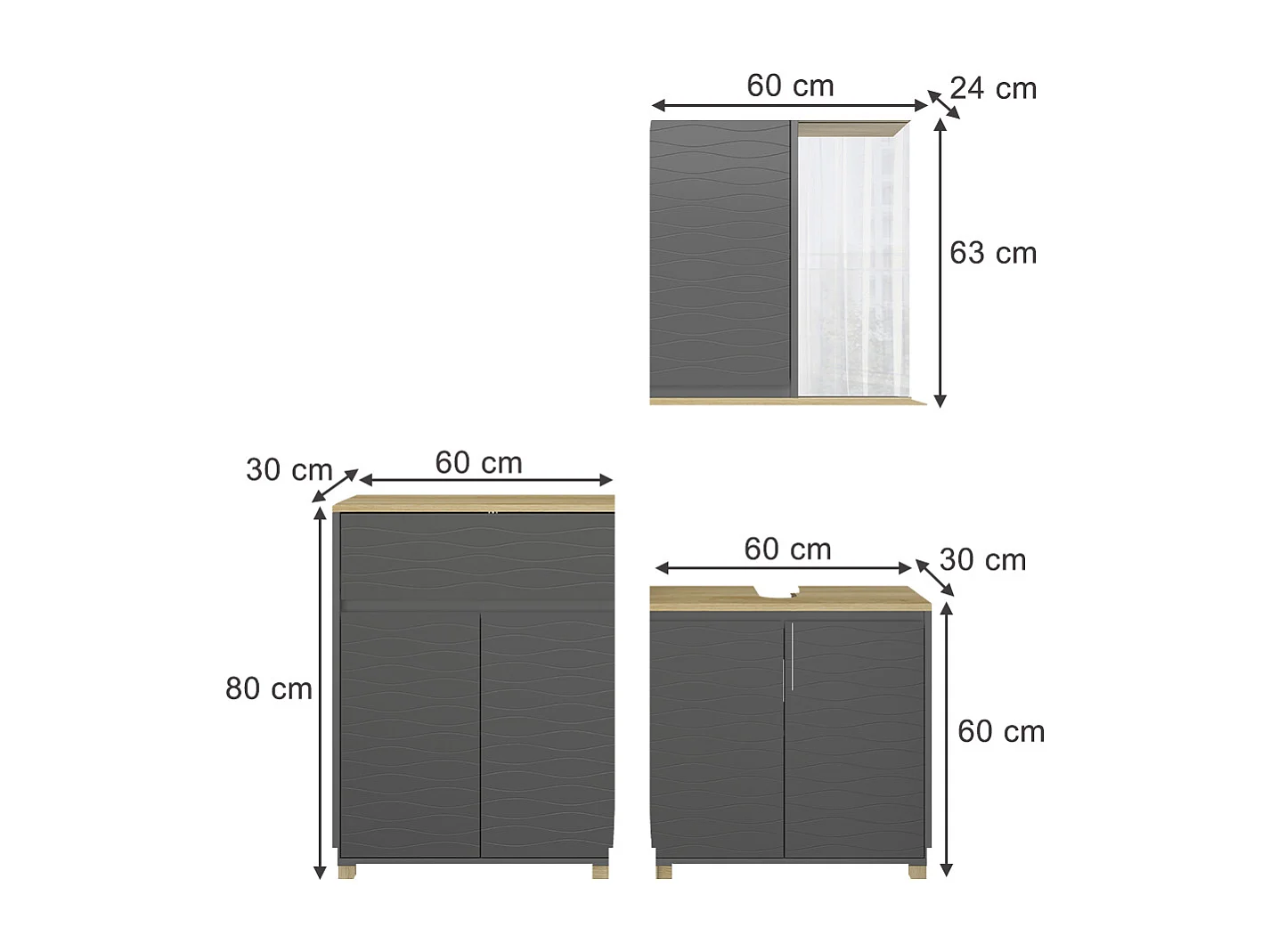 Meubles bain anthracite/chêne 60x30x60 livia