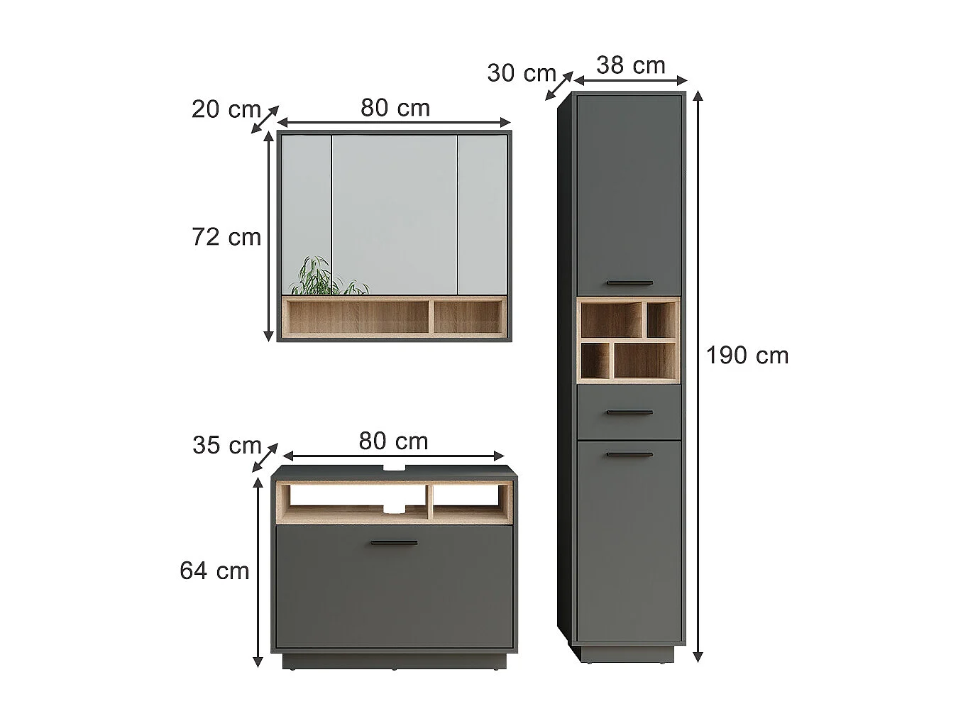 Conjunto de mueble de baño antracita/sonoma 80x35x64 beatrice