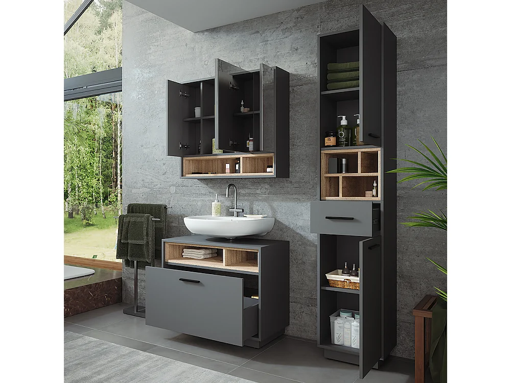 Conjunto de mueble de baño antracita/sonoma 80x35x64 beatrice