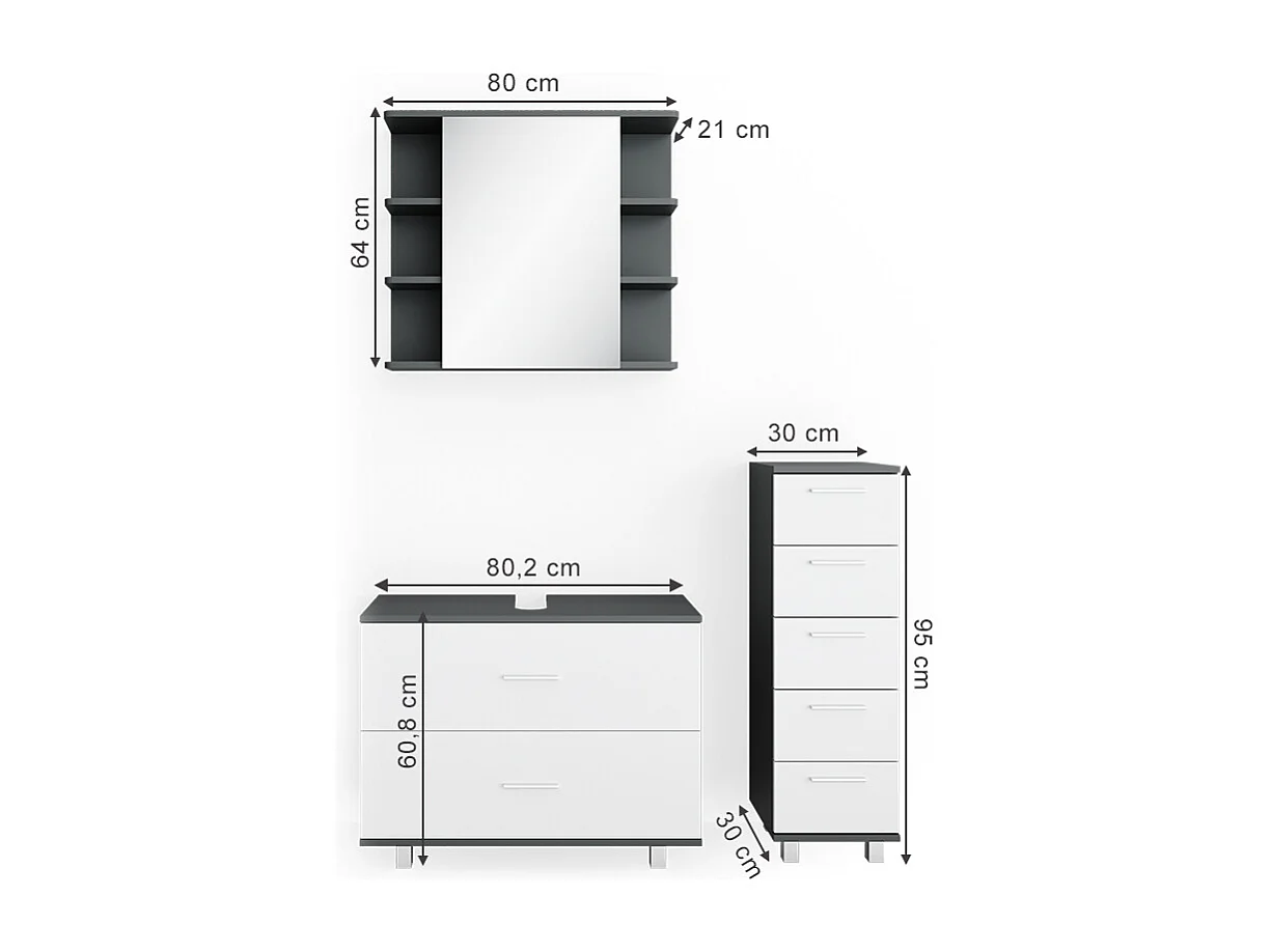 Set mobili bagno bianco/antracite 80x33x60 ilias