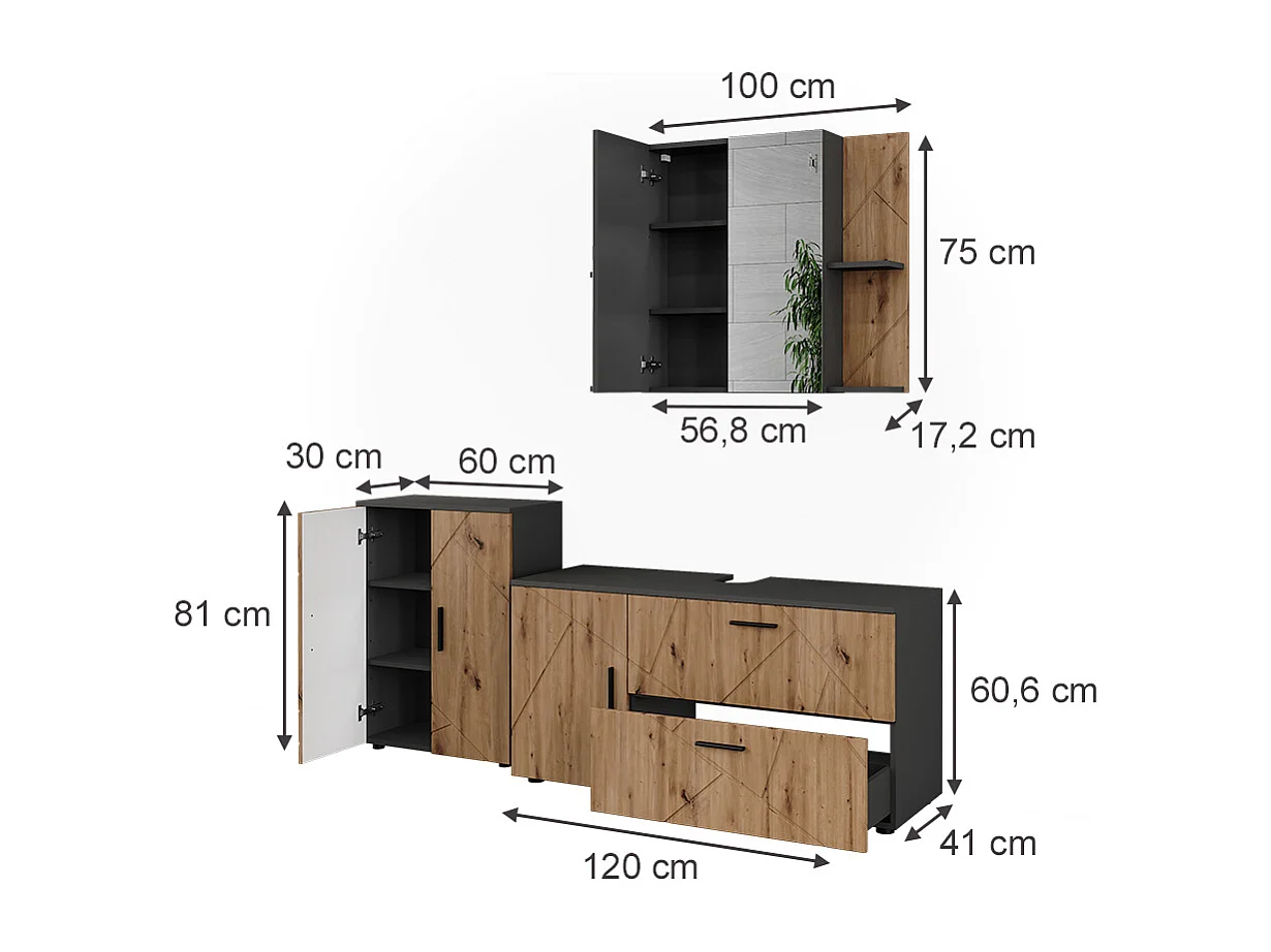 Ensemble de meubles de salle de bains anthracite/artisan 120.1x41x60.6 irma