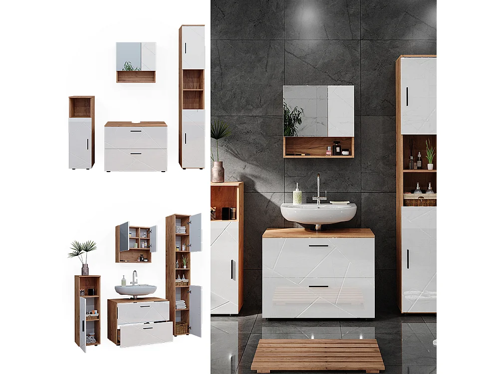 Conjunto de muebles de baño blanco brillo intenso/roble dorado 80x41x58 irma