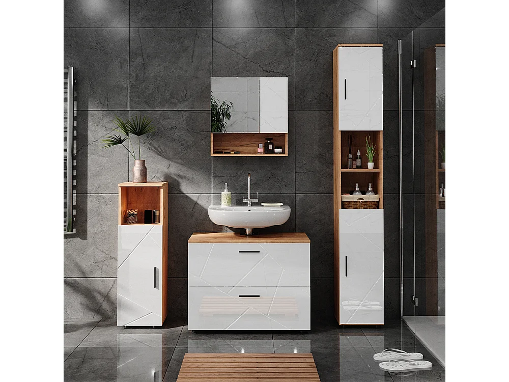 Meubles bain blanc brillant/chêne doré 80x41x58 irma