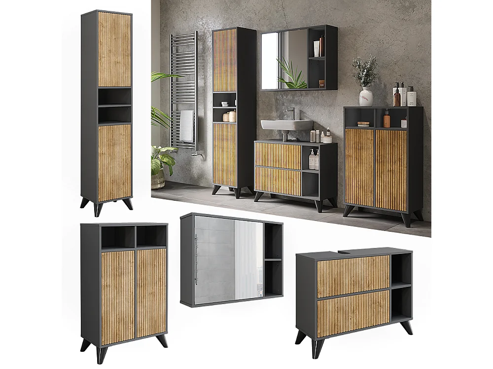 Conjunto de muebles de baño antracita/roble de montaña 80x30x62 leano