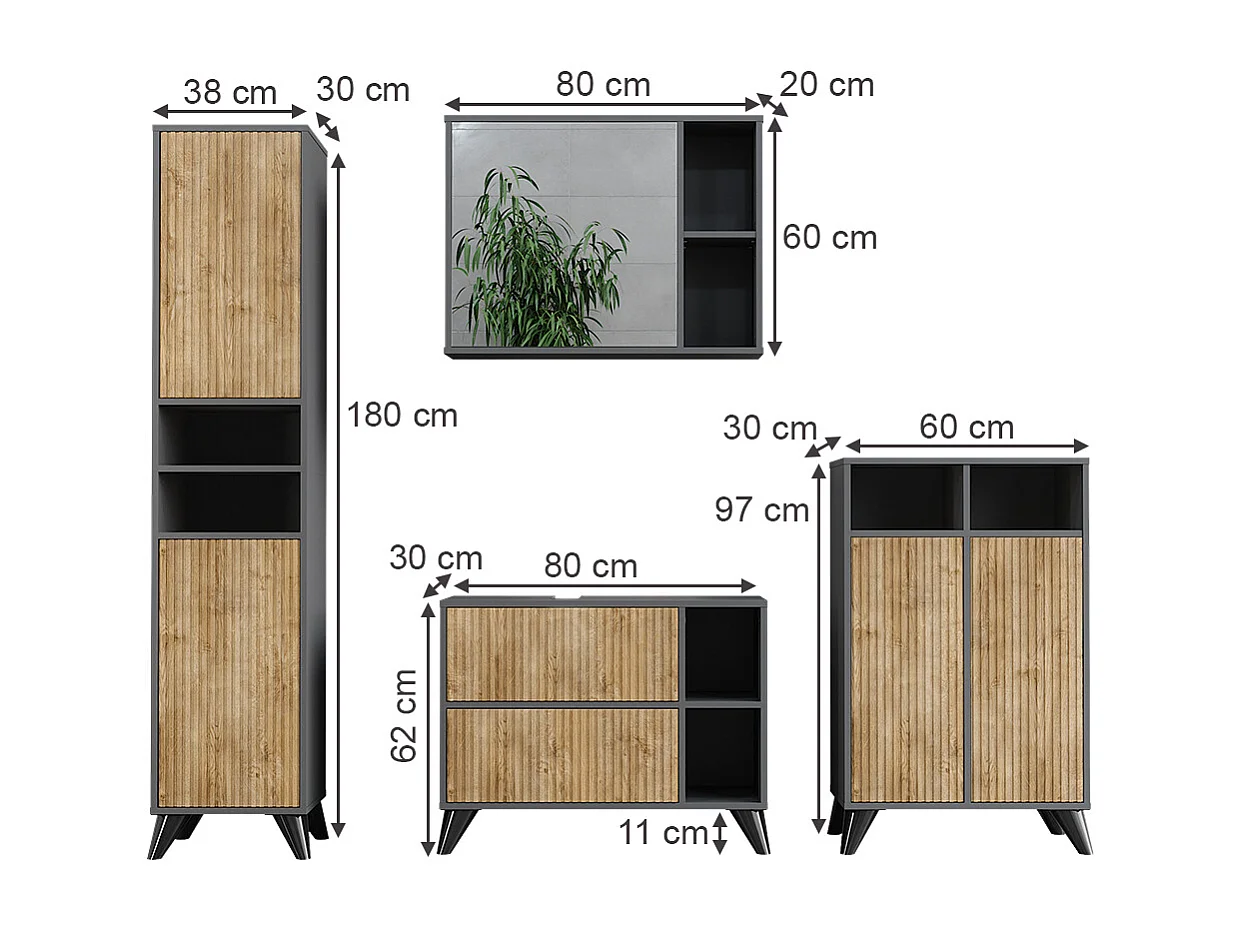 Conjunto de muebles de baño antracita/roble de montaña 80x30x62 leano