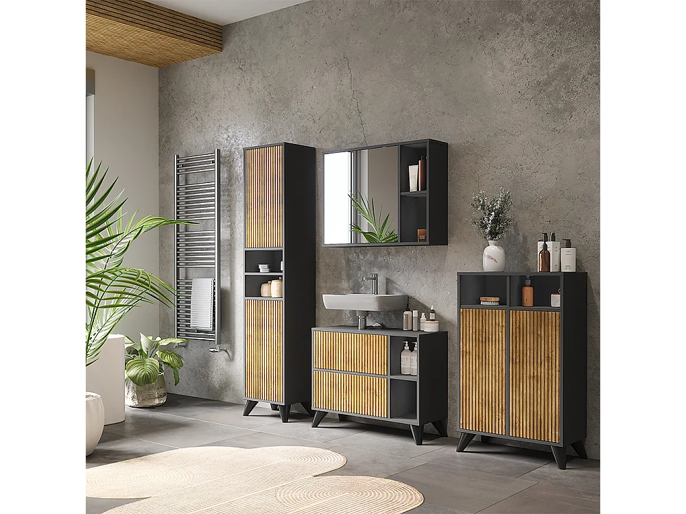 Conjunto de muebles de baño antracita/roble de montaña 80x30x62 leano