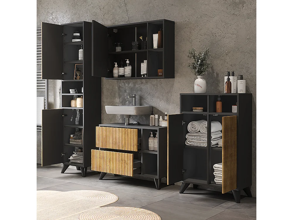 Ensemble de meubles de salle de bains anthracite/chêne de montagne 80x30x62 leano