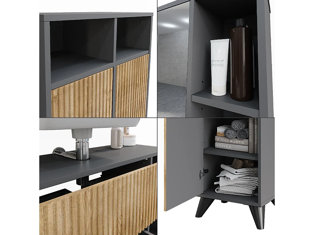 Ensemble de meubles de salle de bains anthracite/chêne de montagne 80x30x62 leano