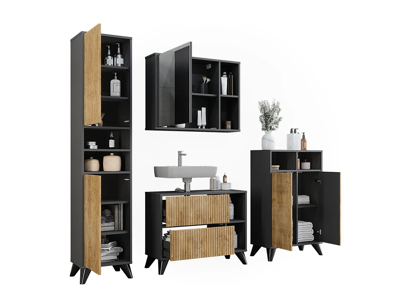 Ensemble de meubles de salle de bains anthracite/chêne de montagne 80x30x62 leano