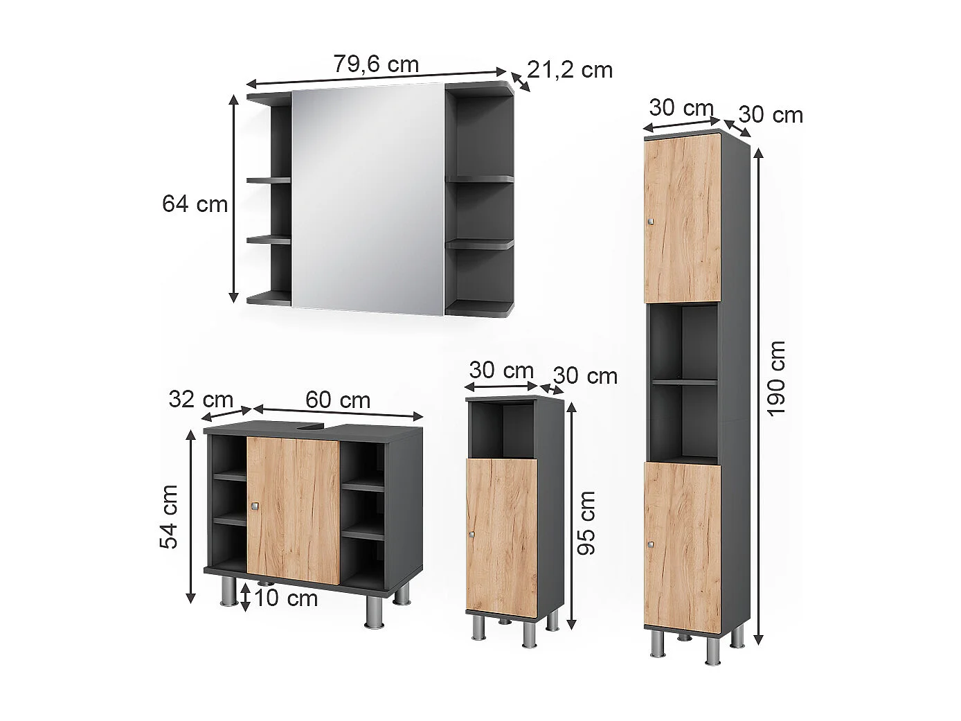 Set di mobili da bagno antracite/quercia dorata 60x32x54 fynn