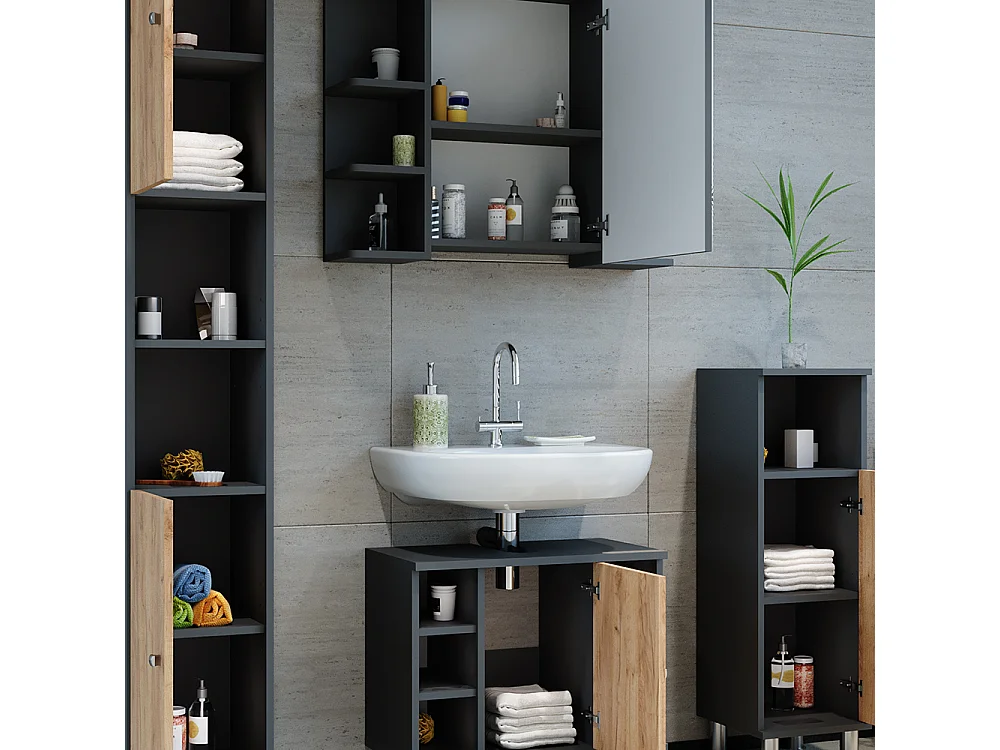 Set di mobili da bagno antracite/quercia dorata 60x32x54 fynn