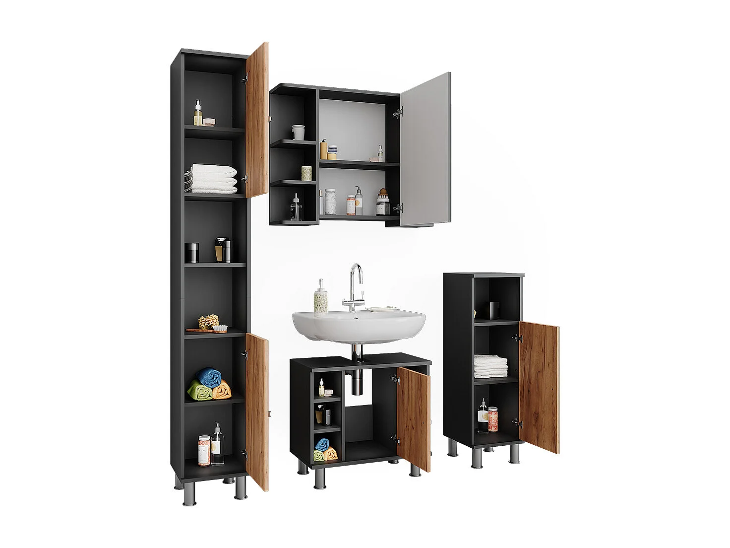 Set di mobili da bagno antracite/quercia dorata 60x32x54 fynn
