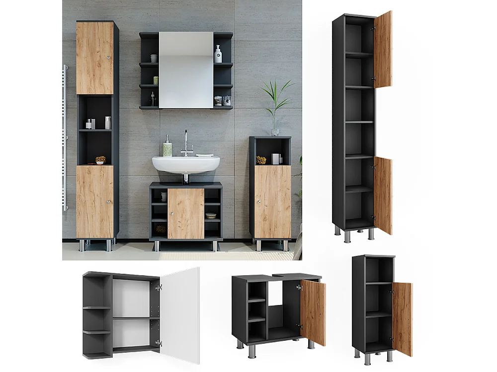 Meubles bain anthracite/chêne doré 60x32x54 fynn