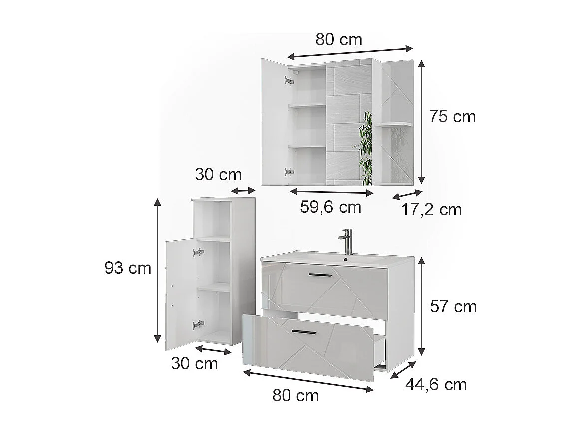 Conjunto de muebles de baño blanco/blanco alto brillo 80x44.6x57 irma