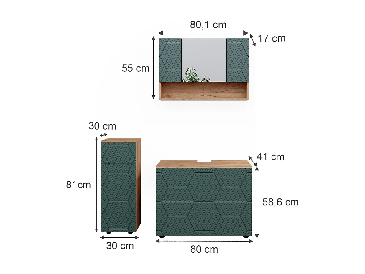 Set mobili bagno quercia verde/oro 80x41x58.6 irma
