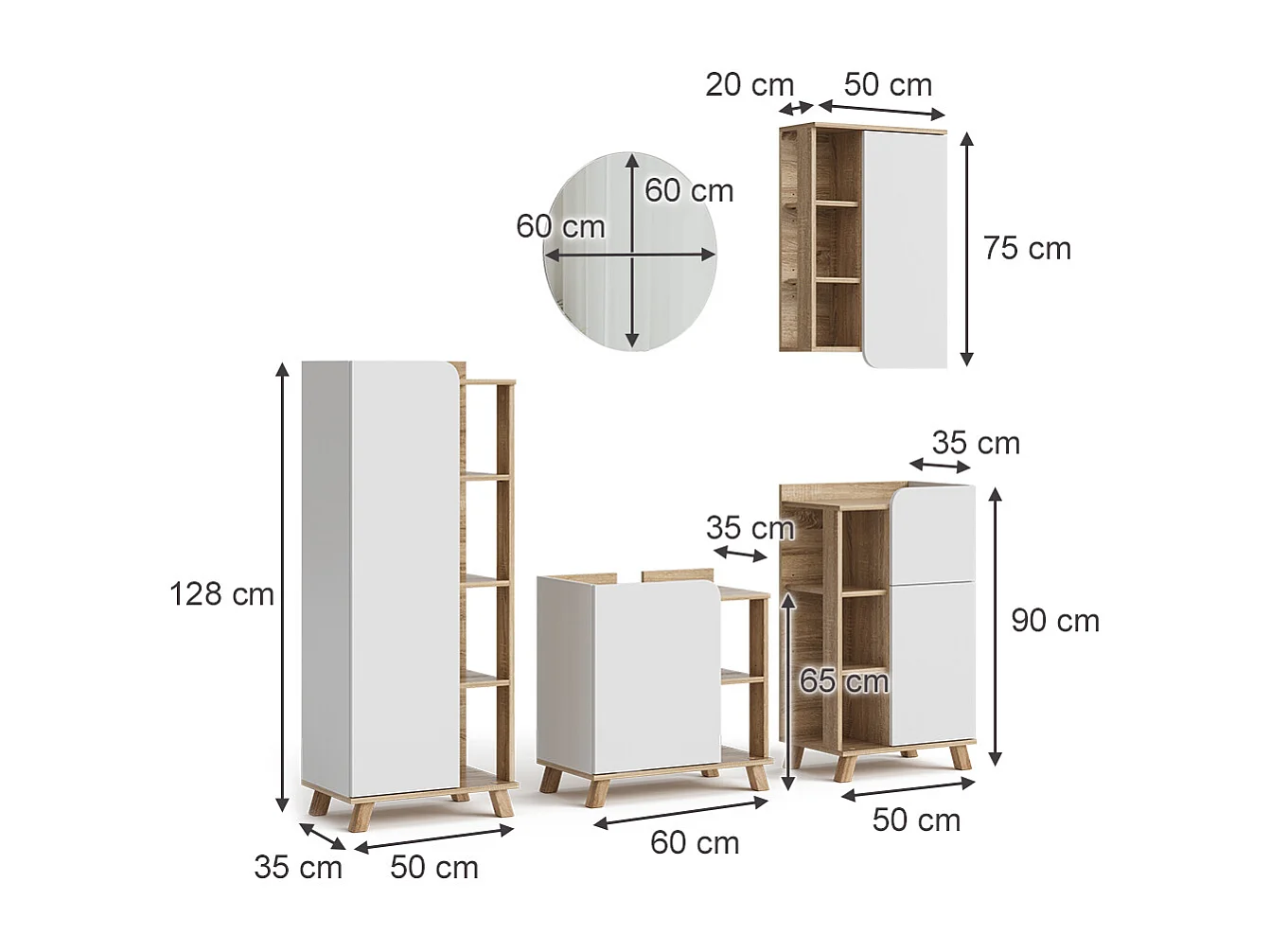 Set di mobili da bagno sonoma/bianco 60x35x65 karen