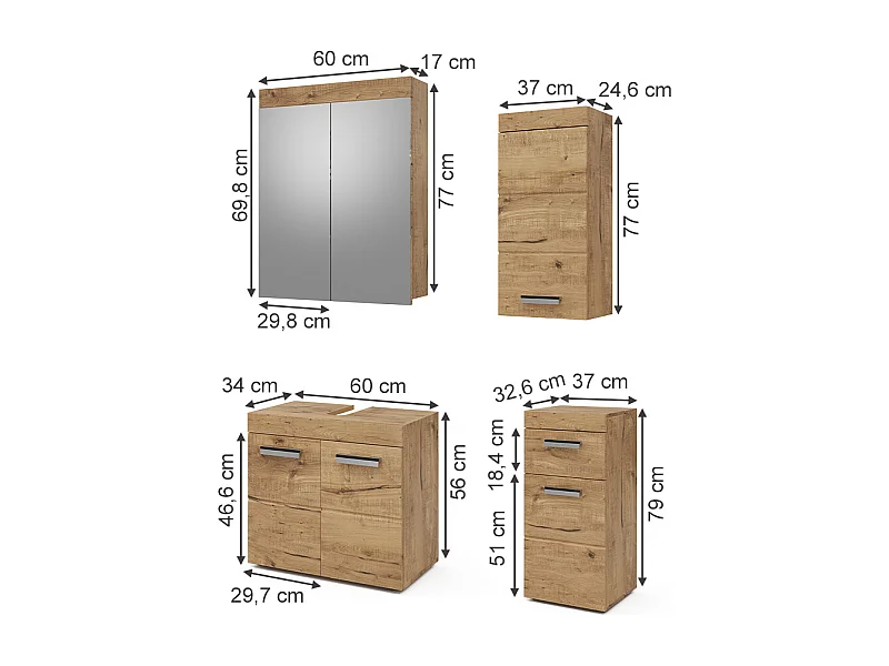Set mobili bagno quercia wotan 60x34x56 luna