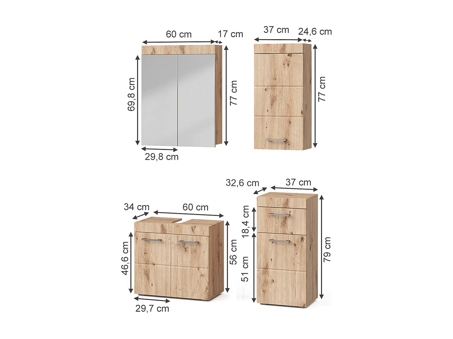 Badkamermeubel set eiken wotan 60x34x56 luna