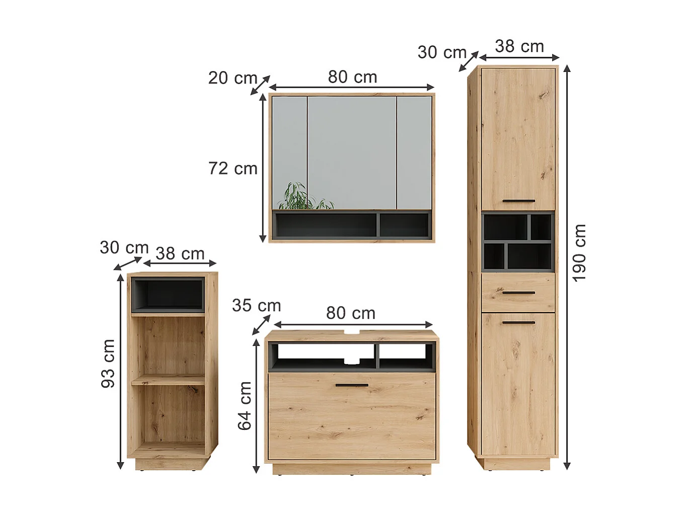 Set di mobili da bagno rovere artigianale/antracite 80x35x64 beatrice