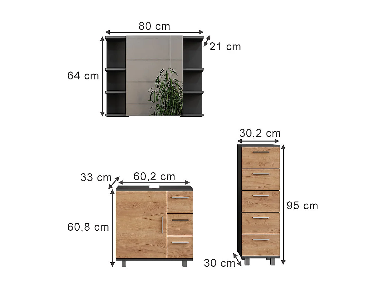 Set di mobili da bagno antracite/quercia dorata 60.2x33x60.8 ilias