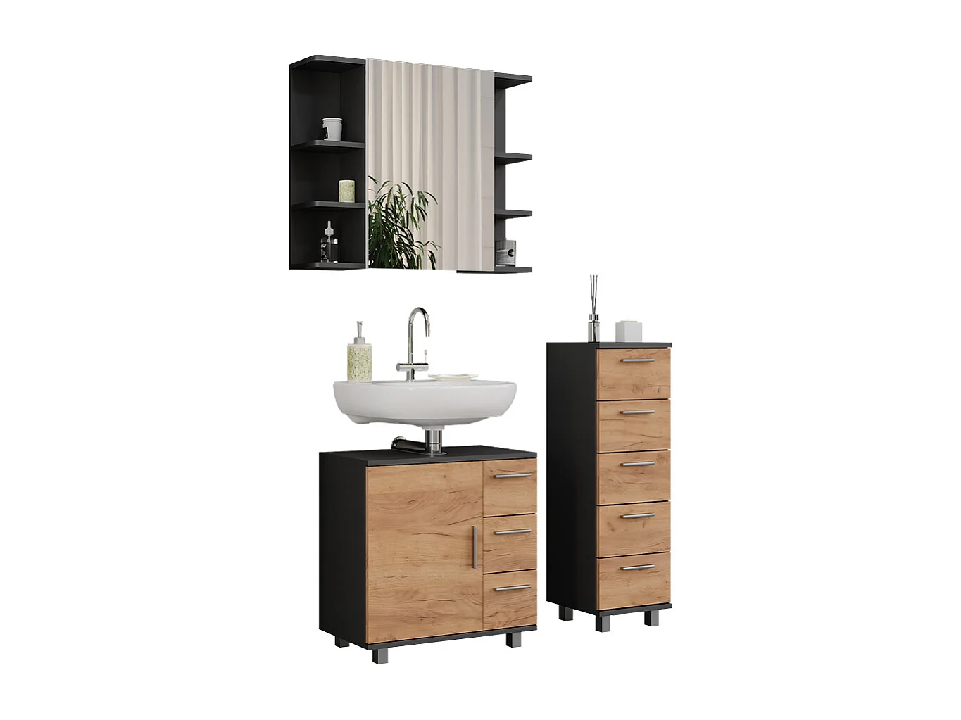 Set di mobili da bagno antracite/quercia dorata 60.2x33x60.8 ilias