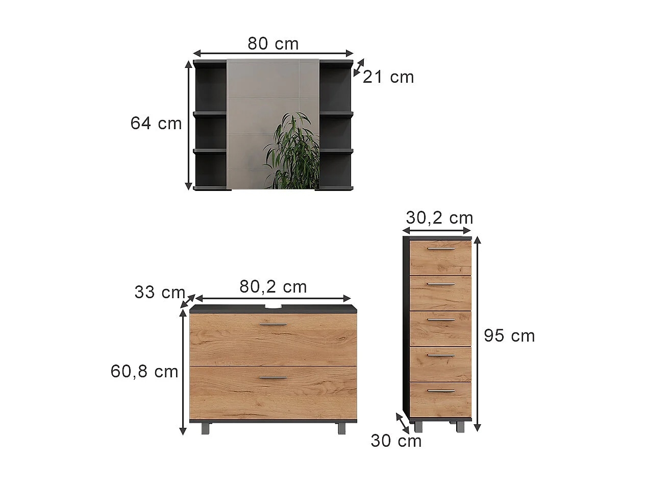 Badmöbel-Set goldkraft eiche/anthrazit 80.2x33x60.8 ilias