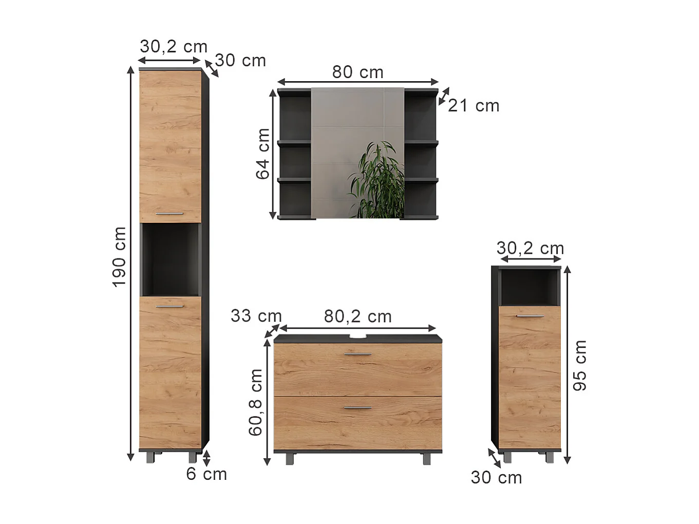 Meubles bain chêne doré/anthracite 80.2x33x60.8 ilias