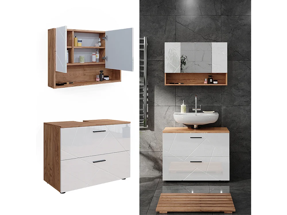 Badmöbel-Set weiß hochglanz/goldkraft eiche 80x41x58.6 irma