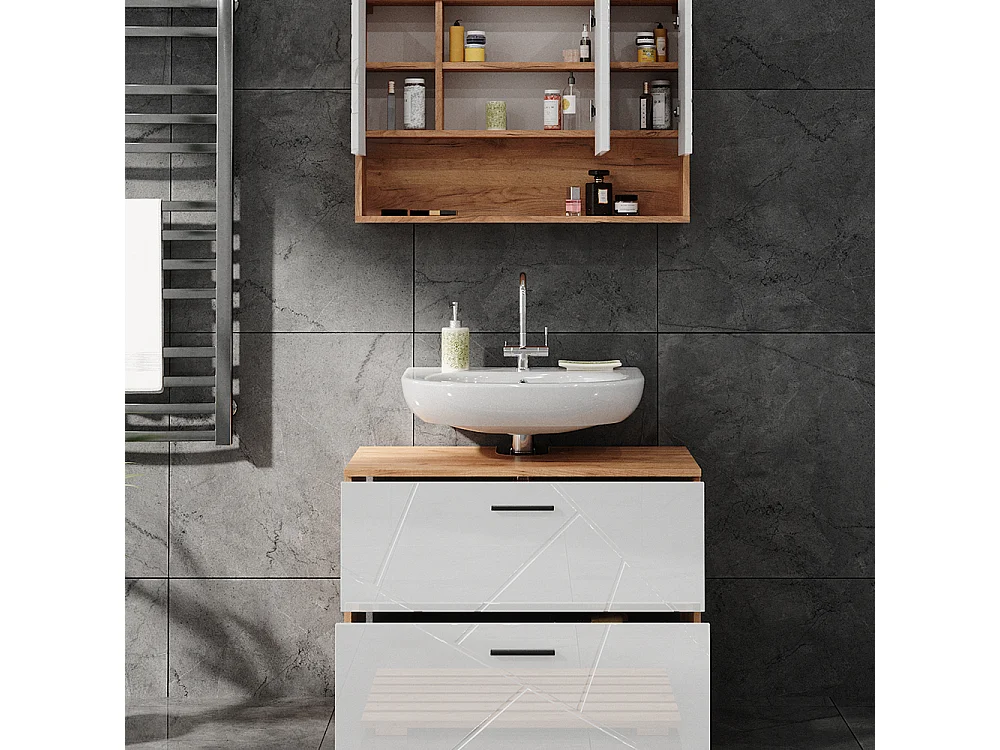 Badmöbel-Set weiß hochglanz/goldkraft eiche 80x41x58.6 irma