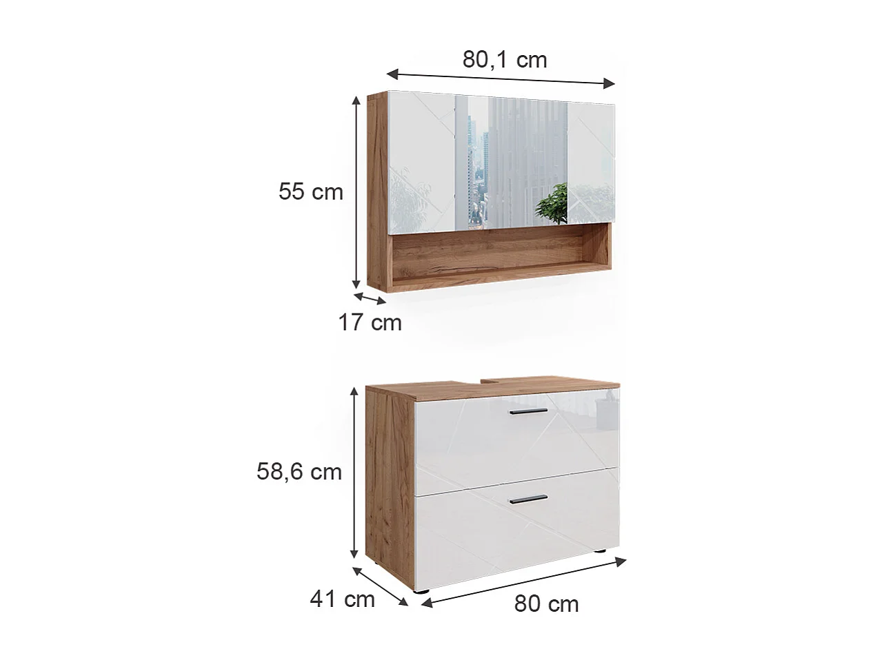 Meubles bain blanc brillant/chêne doré 80x41x58.6 irma
