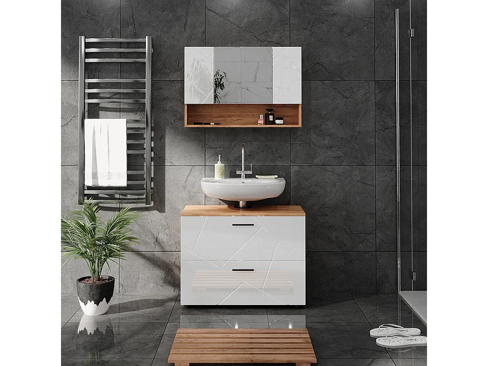 Meubles bain blanc brillant/chêne doré 80x41x58.6 irma