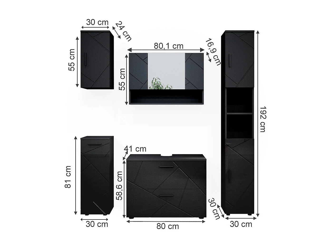 Conjunto de muebles de baño antracita alto brillo 80x41x58.6 irma