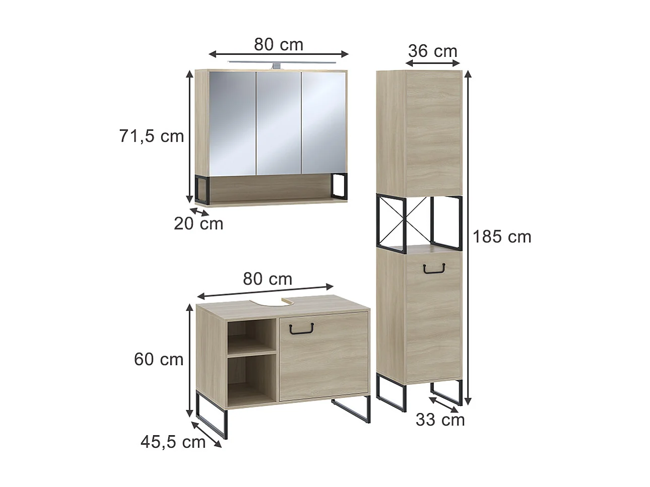 Conjunto de muebles de baño roble/negro 80x45.5x60 vionna