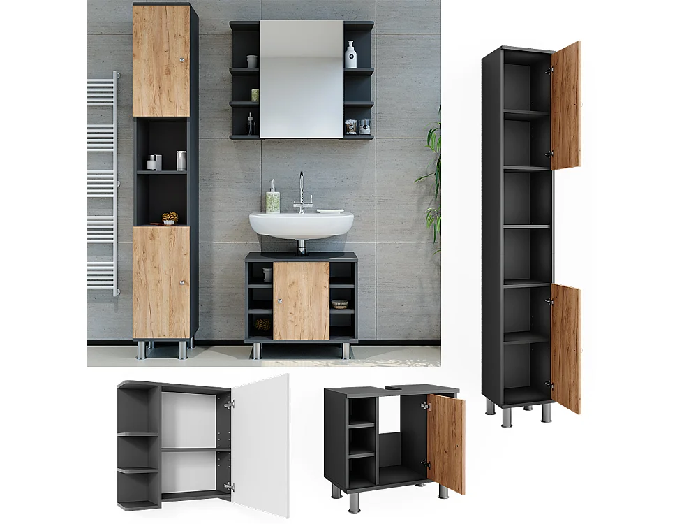 Set di mobili da bagno antracite/quercia dorata 60x32x54 fynn
