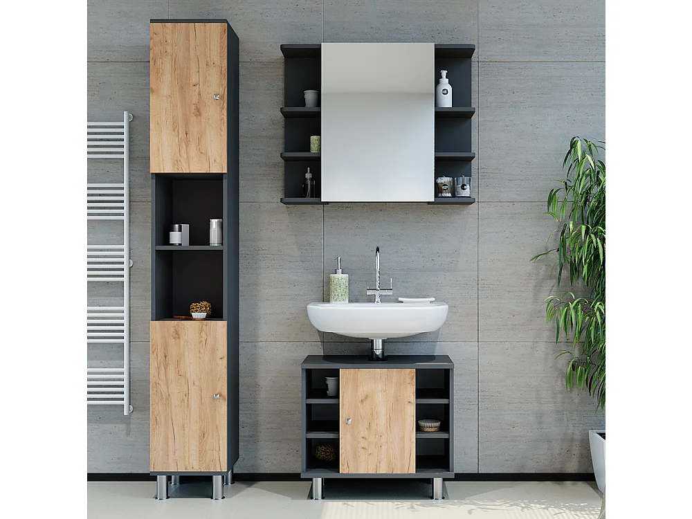 Set di mobili da bagno antracite/quercia dorata 60x32x54 fynn