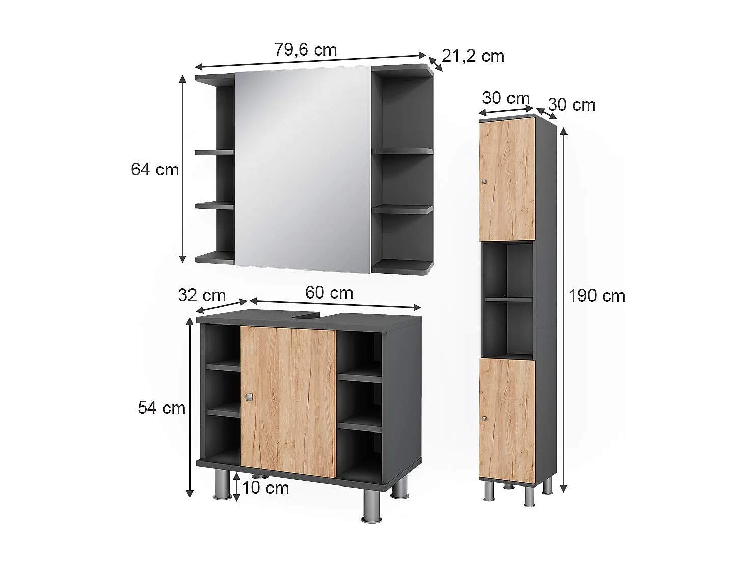 Meubles bain anthracite/chêne doré 60x32x54 fynn
