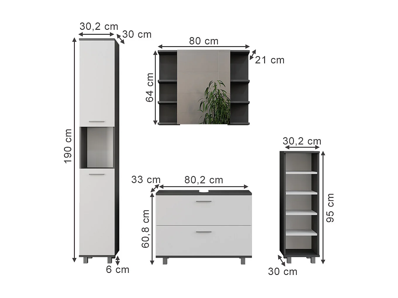 Set di mobili da bagno antracite/bianco 80.2x33x60.8 ilias