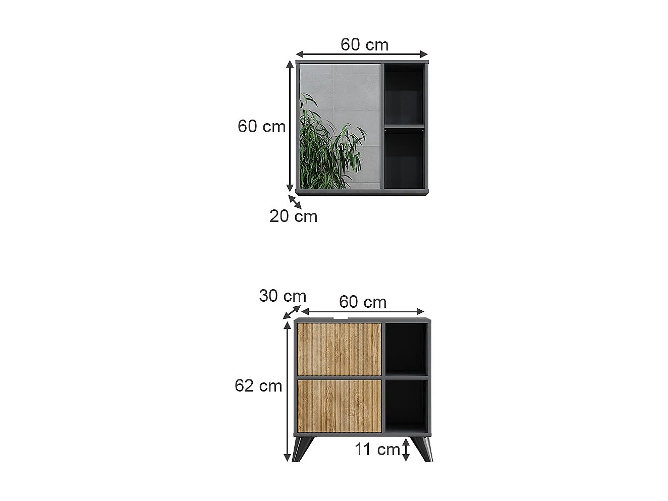 Set di mobili da bagno antracite/quercia di montagna 60x30x62 leano