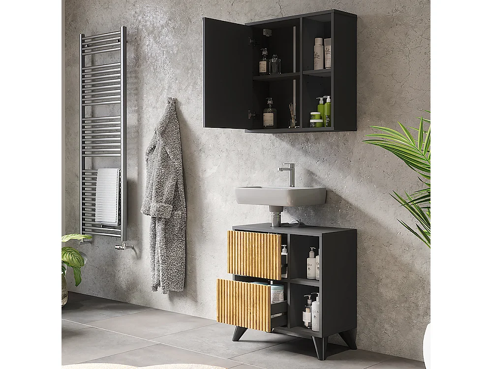 Set di mobili da bagno antracite/quercia di montagna 60x30x62 leano